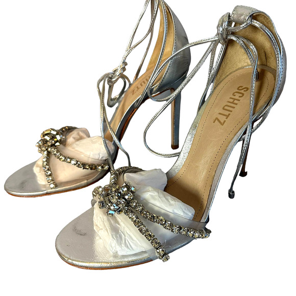 Schutz Silver Rhinestone Ankle Wrap Sandals SIZE 8.5 Stiletto Heel Revolve $138 - Picture 9 of 12